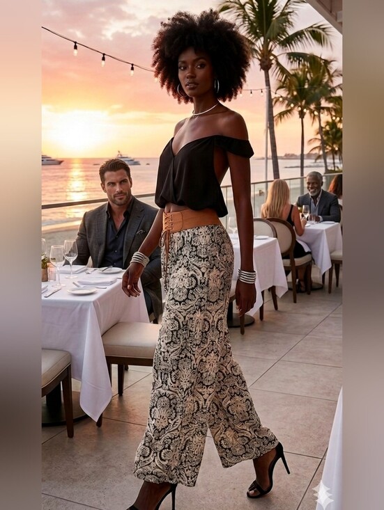 La Moda Pants - La Moda Boho Wide-Leg Printed Lounge Pants in Cream & Black